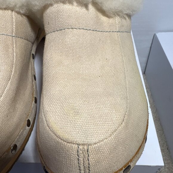 Ugg Clogs Beige Shearling Lined Canvas With Wood Sole Size 7 Womens Studded Mule - Picture 3 of 13